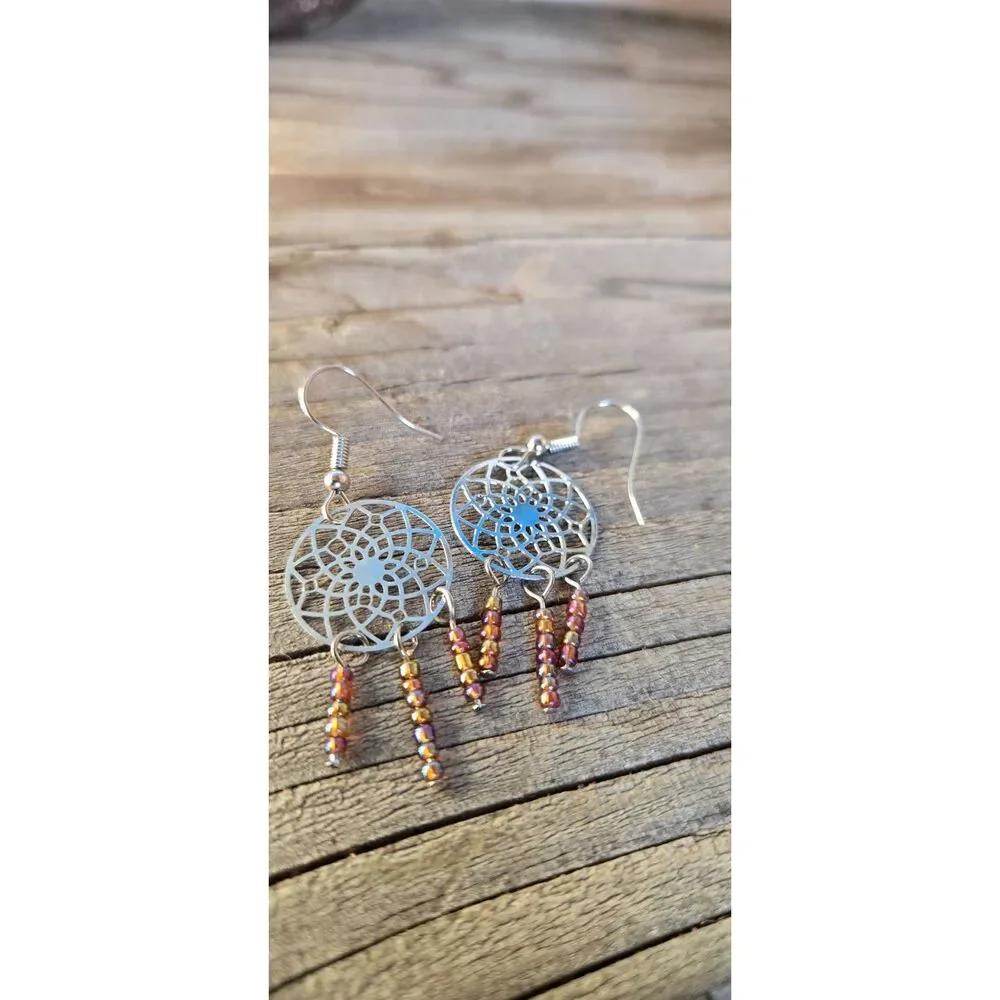 Silver Tone Dreamcatcher Dangle Earrings with Amber Glass Beads | Boho Western